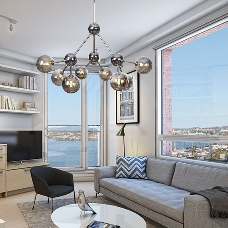 13"/27.5"/34" W Orbit Shade Hanging Chandelier Light Industrial Style Amber/Clear/Smoke Gray Glass 3/9/12 Lights Warehouse Pendant Lamp Clearhalo 'Ceiling Lights' 'Chandeliers' 'Clear' 'Glass shade' 'Glass' 'Industrial Chandeliers' 'Industrial' 'Middle Century Chandeliers' 'Modern' 'Tiffany' 'Traditional Chandeliers' Lighting' 282103