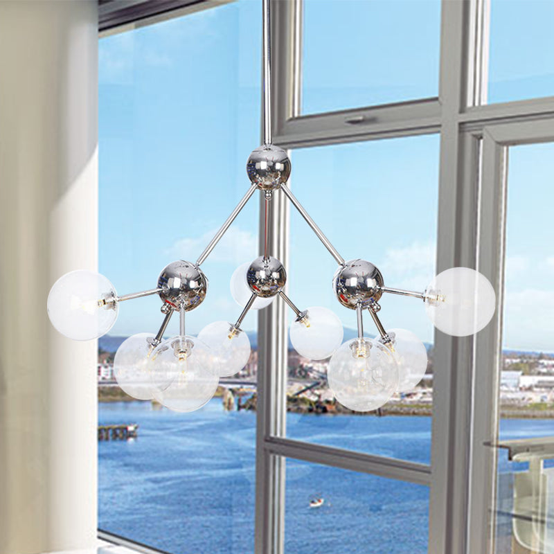 13"/27.5"/34" W Orbit Shade Hanging Chandelier Light Industrial Style Amber/Clear/Smoke Gray Glass 3/9/12 Lights Warehouse Pendant Lamp 9 Clear 27.5" Clearhalo 'Ceiling Lights' 'Chandeliers' 'Clear' 'Glass shade' 'Glass' 'Industrial Chandeliers' 'Industrial' 'Middle Century Chandeliers' 'Modern' 'Tiffany' 'Traditional Chandeliers' Lighting' 282106