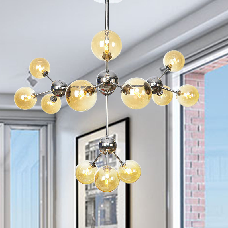 13"/27.5"/34" W Orbit Shade Hanging Chandelier Light Industrial Style Amber/Clear/Smoke Gray Glass 3/9/12 Lights Warehouse Pendant Lamp 12 Amber 34" Clearhalo 'Ceiling Lights' 'Chandeliers' 'Clear' 'Glass shade' 'Glass' 'Industrial Chandeliers' 'Industrial' 'Middle Century Chandeliers' 'Modern' 'Tiffany' 'Traditional Chandeliers' Lighting' 282110