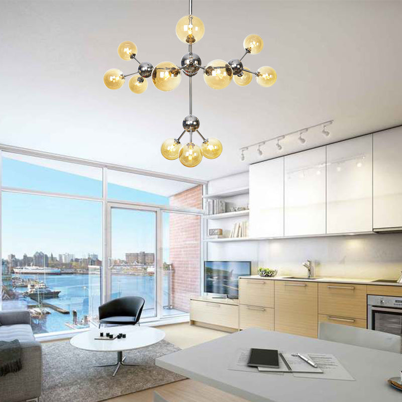 13"/27.5"/34" W Orbit Shade Hanging Chandelier Light Industrial Style Amber/Clear/Smoke Gray Glass 3/9/12 Lights Warehouse Pendant Lamp Clearhalo 'Ceiling Lights' 'Chandeliers' 'Clear' 'Glass shade' 'Glass' 'Industrial Chandeliers' 'Industrial' 'Middle Century Chandeliers' 'Modern' 'Tiffany' 'Traditional Chandeliers' Lighting' 282111