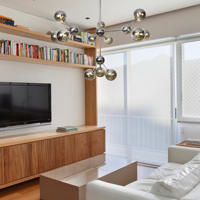 13"/27.5"/34" W Orbit Shade Hanging Chandelier Light Industrial Style Amber/Clear/Smoke Gray Glass 3/9/12 Lights Warehouse Pendant Lamp Clearhalo 'Ceiling Lights' 'Chandeliers' 'Clear' 'Glass shade' 'Glass' 'Industrial Chandeliers' 'Industrial' 'Middle Century Chandeliers' 'Modern' 'Tiffany' 'Traditional Chandeliers' Lighting' 282115