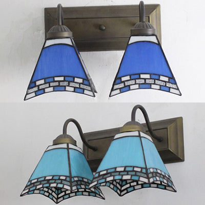 Mediterranean Pyramid Wall Mounted Light 2 Heads Blue/Sky Blue Glass Sconce Lighting for Bedroom Clearhalo 'Industrial' 'Middle century wall lights' 'Tiffany wall lights' 'Tiffany' 'Wall Lamps & Sconces' 'Wall Lights' Lighting' 28212