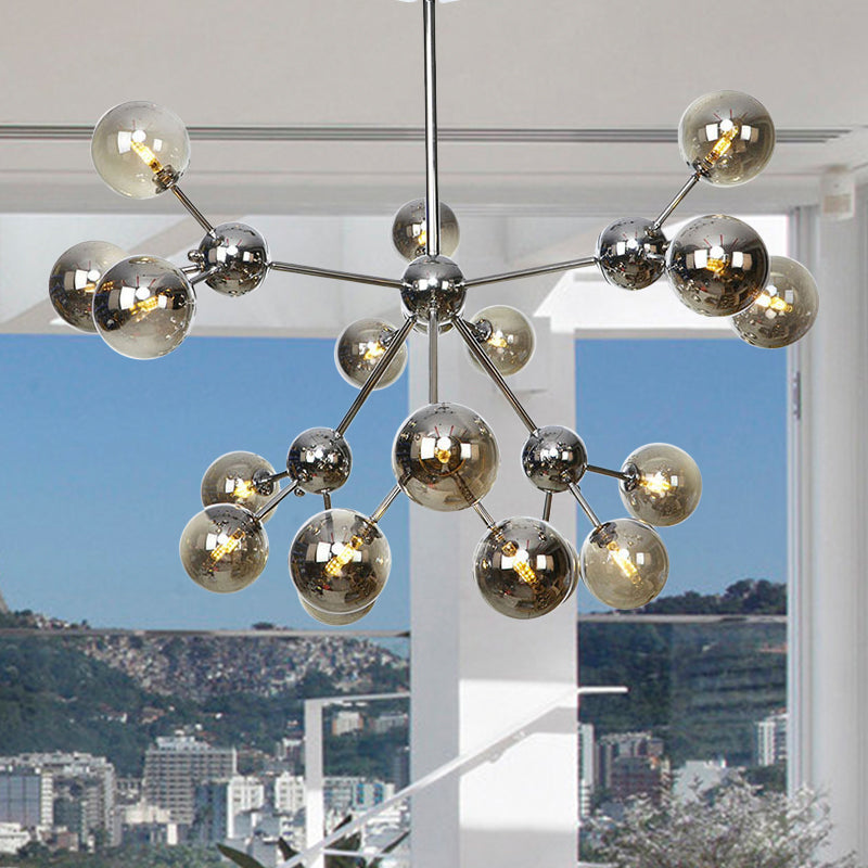 13"/27.5"/34" W Orbit Shade Hanging Chandelier Light Industrial Style Amber/Clear/Smoke Gray Glass 3/9/12 Lights Warehouse Pendant Lamp 18 Smoke Gray 34" Clearhalo 'Ceiling Lights' 'Chandeliers' 'Clear' 'Glass shade' 'Glass' 'Industrial Chandeliers' 'Industrial' 'Middle Century Chandeliers' 'Modern' 'Tiffany' 'Traditional Chandeliers' Lighting' 282122