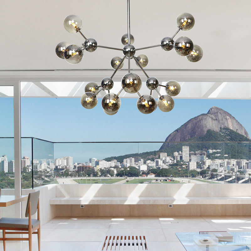 13"/27.5"/34" W Orbit Shade Hanging Chandelier Light Industrial Style Amber/Clear/Smoke Gray Glass 3/9/12 Lights Warehouse Pendant Lamp Clearhalo 'Ceiling Lights' 'Chandeliers' 'Clear' 'Glass shade' 'Glass' 'Industrial Chandeliers' 'Industrial' 'Middle Century Chandeliers' 'Modern' 'Tiffany' 'Traditional Chandeliers' Lighting' 282123