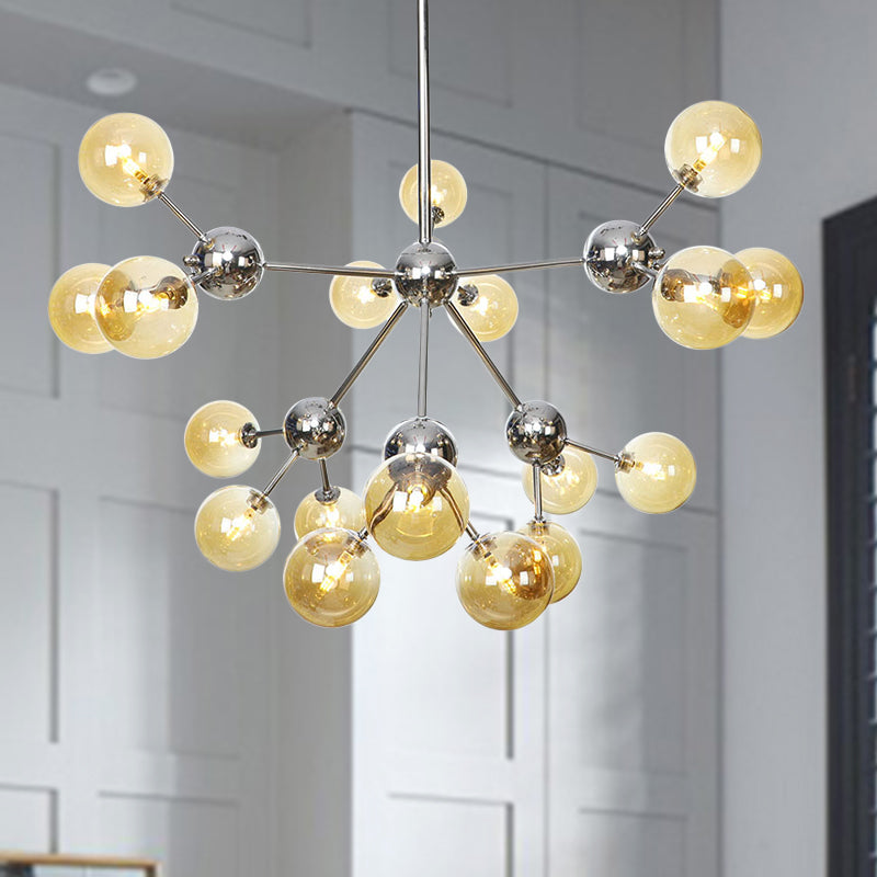 13"/27.5"/34" W Orbit Shade Hanging Chandelier Light Industrial Style Amber/Clear/Smoke Gray Glass 3/9/12 Lights Warehouse Pendant Lamp 18 Amber 34" Clearhalo 'Ceiling Lights' 'Chandeliers' 'Clear' 'Glass shade' 'Glass' 'Industrial Chandeliers' 'Industrial' 'Middle Century Chandeliers' 'Modern' 'Tiffany' 'Traditional Chandeliers' Lighting' 282126