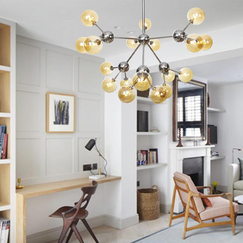 13"/27.5"/34" W Orbit Shade Hanging Chandelier Light Industrial Style Amber/Clear/Smoke Gray Glass 3/9/12 Lights Warehouse Pendant Lamp Clearhalo 'Ceiling Lights' 'Chandeliers' 'Clear' 'Glass shade' 'Glass' 'Industrial Chandeliers' 'Industrial' 'Middle Century Chandeliers' 'Modern' 'Tiffany' 'Traditional Chandeliers' Lighting' 282127