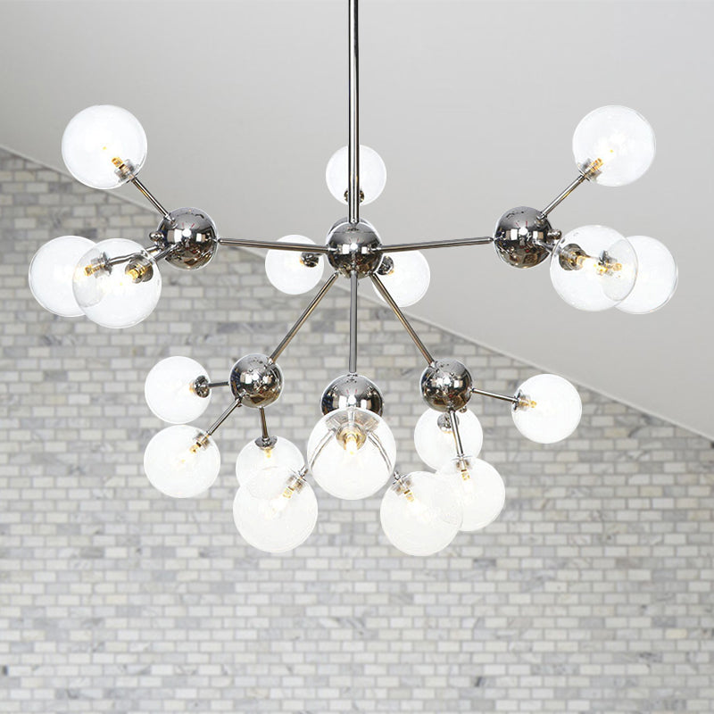 13"/27.5"/34" W Orbit Shade Hanging Chandelier Light Industrial Style Amber/Clear/Smoke Gray Glass 3/9/12 Lights Warehouse Pendant Lamp 18 Clear 34" Clearhalo 'Ceiling Lights' 'Chandeliers' 'Clear' 'Glass shade' 'Glass' 'Industrial Chandeliers' 'Industrial' 'Middle Century Chandeliers' 'Modern' 'Tiffany' 'Traditional Chandeliers' Lighting' 282130