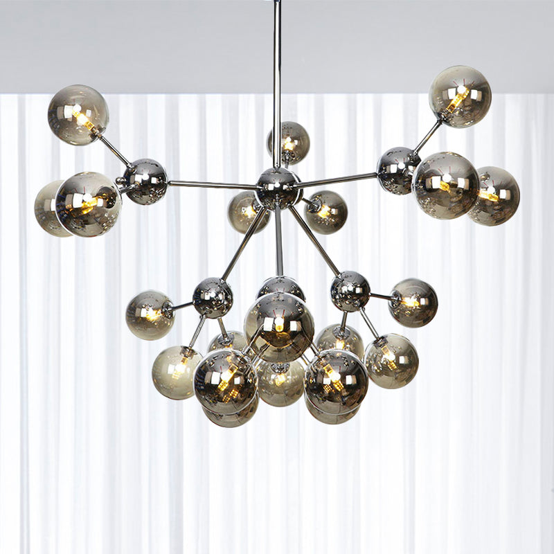 13"/27.5"/34" W Orbit Shade Hanging Chandelier Light Industrial Style Amber/Clear/Smoke Gray Glass 3/9/12 Lights Warehouse Pendant Lamp 21 Smoke Gray 34" Clearhalo 'Ceiling Lights' 'Chandeliers' 'Clear' 'Glass shade' 'Glass' 'Industrial Chandeliers' 'Industrial' 'Middle Century Chandeliers' 'Modern' 'Tiffany' 'Traditional Chandeliers' Lighting' 282134