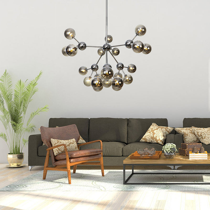 13"/27.5"/34" W Orbit Shade Hanging Chandelier Light Industrial Style Amber/Clear/Smoke Gray Glass 3/9/12 Lights Warehouse Pendant Lamp Clearhalo 'Ceiling Lights' 'Chandeliers' 'Clear' 'Glass shade' 'Glass' 'Industrial Chandeliers' 'Industrial' 'Middle Century Chandeliers' 'Modern' 'Tiffany' 'Traditional Chandeliers' Lighting' 282135