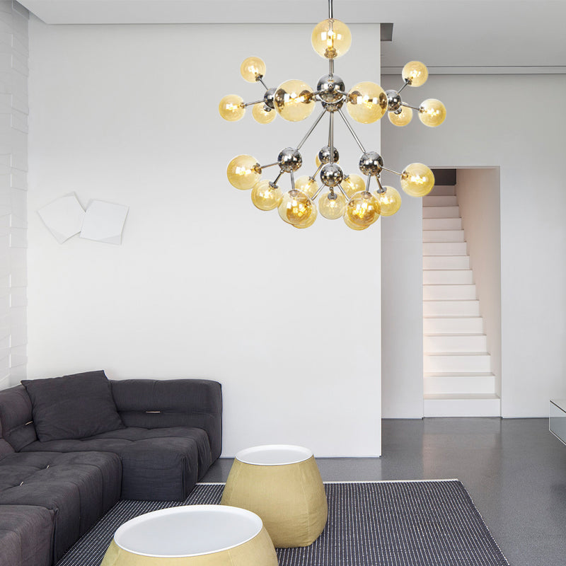 13"/27.5"/34" W Orbit Shade Hanging Chandelier Light Industrial Style Amber/Clear/Smoke Gray Glass 3/9/12 Lights Warehouse Pendant Lamp Clearhalo 'Ceiling Lights' 'Chandeliers' 'Clear' 'Glass shade' 'Glass' 'Industrial Chandeliers' 'Industrial' 'Middle Century Chandeliers' 'Modern' 'Tiffany' 'Traditional Chandeliers' Lighting' 282139