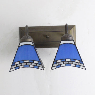 Mediterranean Pyramid Wall Mounted Light 2 Heads Blue/Sky Blue Glass Sconce Lighting for Bedroom Clearhalo 'Industrial' 'Middle century wall lights' 'Tiffany wall lights' 'Tiffany' 'Wall Lamps & Sconces' 'Wall Lights' Lighting' 28214