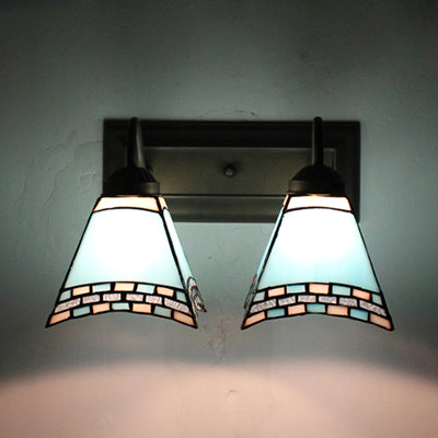 Mediterranean Pyramid Wall Mounted Light 2 Heads Blue/Sky Blue Glass Sconce Lighting for Bedroom Sky Blue Clearhalo 'Industrial' 'Middle century wall lights' 'Tiffany wall lights' 'Tiffany' 'Wall Lamps & Sconces' 'Wall Lights' Lighting' 28215