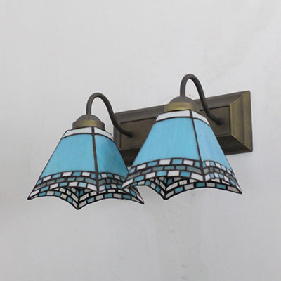 Mediterranean Pyramid Wall Mounted Light 2 Heads Blue/Sky Blue Glass Sconce Lighting for Bedroom Clearhalo 'Industrial' 'Middle century wall lights' 'Tiffany wall lights' 'Tiffany' 'Wall Lamps & Sconces' 'Wall Lights' Lighting' 28216