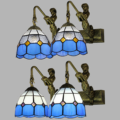 2 Heads Grid Patterned Wall Mounted Light Baroque Antique Brass White/Clear Glass Sconce Light Clearhalo 'Industrial' 'Middle century wall lights' 'Tiffany wall lights' 'Tiffany' 'Wall Lamps & Sconces' 'Wall Lights' Lighting' 28221