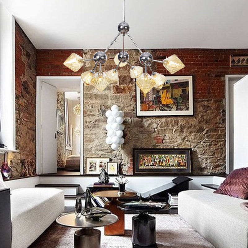 Amber/Clear Glass Diamond Pendant Light Industrial Stylish 3/9/12 Bulbs Chandelier Light Fixture, 13"/27.5"/34" Width Clearhalo 'Cast Iron' 'Ceiling Lights' 'Chandeliers' 'Clear' 'Industrial Chandeliers' 'Industrial' 'Metal' 'Middle Century Chandeliers' 'Modern' 'Rustic Chandeliers' 'Tiffany' 'Traditional Chandeliers' Lighting' 282218