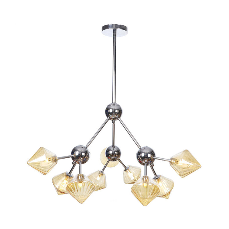 Amber/Clear Glass Diamond Pendant Light Industrial Stylish 3/9/12 Bulbs Chandelier Light Fixture, 13"/27.5"/34" Width Clearhalo 'Cast Iron' 'Ceiling Lights' 'Chandeliers' 'Clear' 'Industrial Chandeliers' 'Industrial' 'Metal' 'Middle Century Chandeliers' 'Modern' 'Rustic Chandeliers' 'Tiffany' 'Traditional Chandeliers' Lighting' 282219