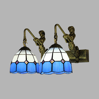 2 Heads Grid Patterned Wall Mounted Light Baroque Antique Brass White/Clear Glass Sconce Light Clearhalo 'Industrial' 'Middle century wall lights' 'Tiffany wall lights' 'Tiffany' 'Wall Lamps & Sconces' 'Wall Lights' Lighting' 28222