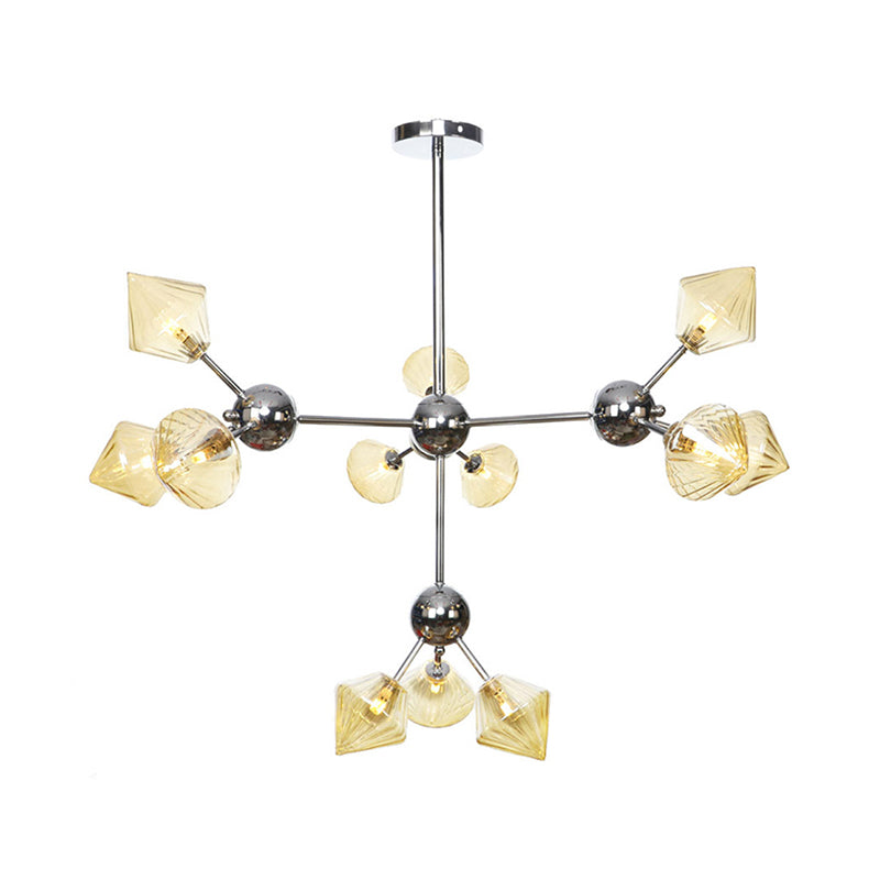 Amber/Clear Glass Diamond Pendant Light Industrial Stylish 3/9/12 Bulbs Chandelier Light Fixture, 13"/27.5"/34" Width Clearhalo 'Cast Iron' 'Ceiling Lights' 'Chandeliers' 'Clear' 'Industrial Chandeliers' 'Industrial' 'Metal' 'Middle Century Chandeliers' 'Modern' 'Rustic Chandeliers' 'Tiffany' 'Traditional Chandeliers' Lighting' 282227