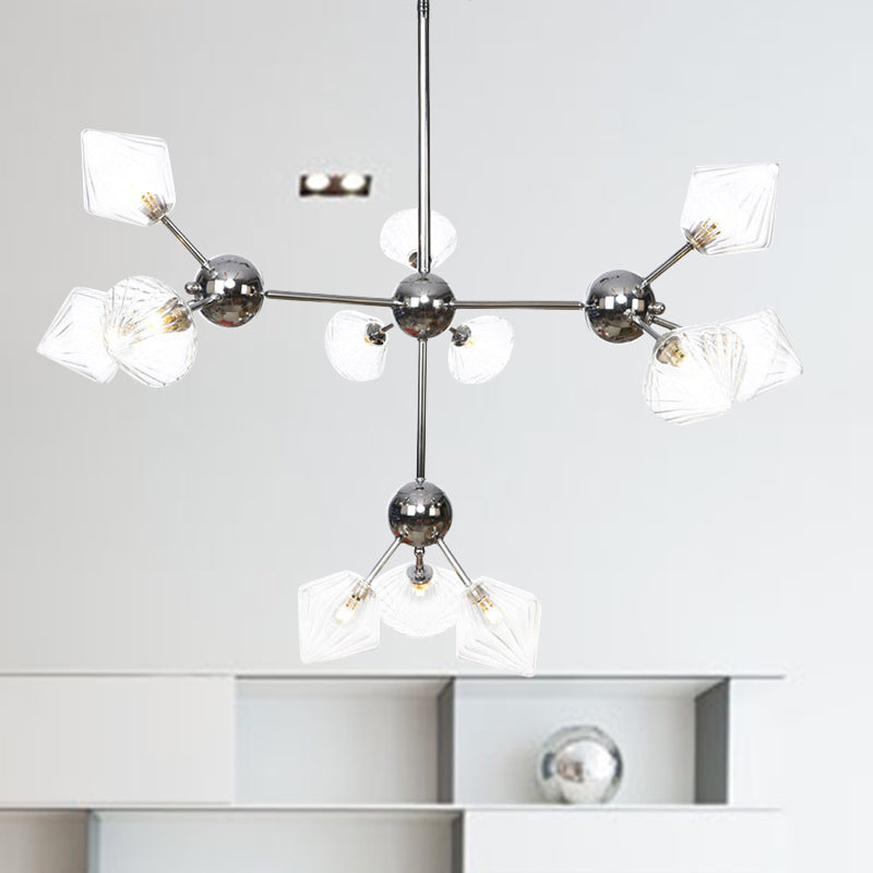 Amber/Clear Glass Diamond Pendant Light Industrial Stylish 3/9/12 Bulbs Chandelier Light Fixture, 13"/27.5"/34" Width 12 Clear 34" Clearhalo 'Cast Iron' 'Ceiling Lights' 'Chandeliers' 'Clear' 'Industrial Chandeliers' 'Industrial' 'Metal' 'Middle Century Chandeliers' 'Modern' 'Rustic Chandeliers' 'Tiffany' 'Traditional Chandeliers' Lighting' 282229