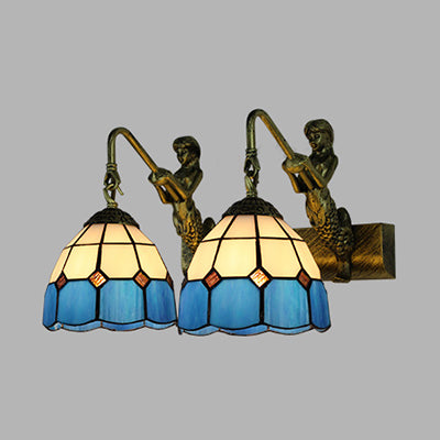 2 Heads Grid Patterned Wall Mounted Light Baroque Antique Brass White/Clear Glass Sconce Light Clearhalo 'Industrial' 'Middle century wall lights' 'Tiffany wall lights' 'Tiffany' 'Wall Lamps & Sconces' 'Wall Lights' Lighting' 28223