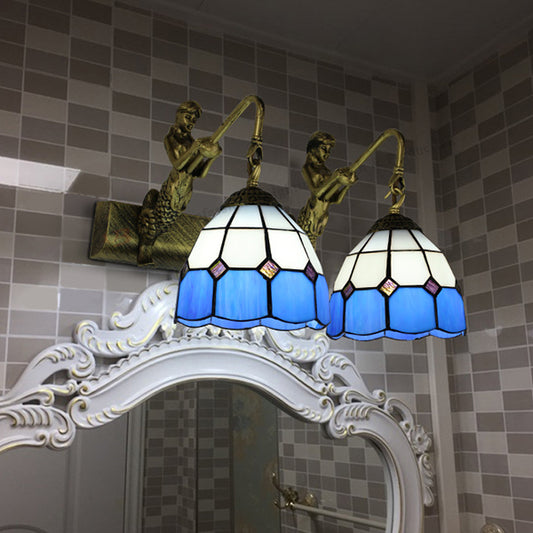 2 Heads Grid Patterned Wall Mounted Light Baroque Antique Brass White/Clear Glass Sconce Light White Clearhalo 'Industrial' 'Middle century wall lights' 'Tiffany wall lights' 'Tiffany' 'Wall Lamps & Sconces' 'Wall Lights' Lighting' 28224