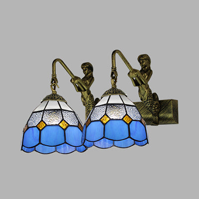 2 Heads Grid Patterned Wall Mounted Light Baroque Antique Brass White/Clear Glass Sconce Light Clear Clearhalo 'Industrial' 'Middle century wall lights' 'Tiffany wall lights' 'Tiffany' 'Wall Lamps & Sconces' 'Wall Lights' Lighting' 28225