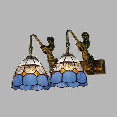 2 Heads Grid Patterned Wall Mounted Light Baroque Antique Brass White/Clear Glass Sconce Light Clearhalo 'Industrial' 'Middle century wall lights' 'Tiffany wall lights' 'Tiffany' 'Wall Lamps & Sconces' 'Wall Lights' Lighting' 28226
