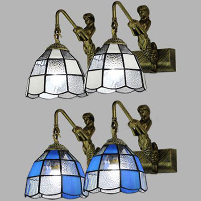 Tiffany Dome Vanity Sconce Light 2 Head White/Blue Glass Wall Mounted Light for Bathroom Clearhalo 'Industrial' 'Middle century wall lights' 'Tiffany wall lights' 'Tiffany' 'Wall Lamps & Sconces' 'Wall Lights' Lighting' 28236