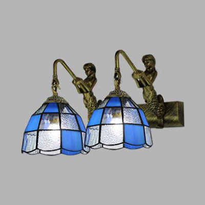 Tiffany Dome Vanity Sconce Light 2 Head White/Blue Glass Wall Mounted Light for Bathroom Blue Clearhalo 'Industrial' 'Middle century wall lights' 'Tiffany wall lights' 'Tiffany' 'Wall Lamps & Sconces' 'Wall Lights' Lighting' 28237