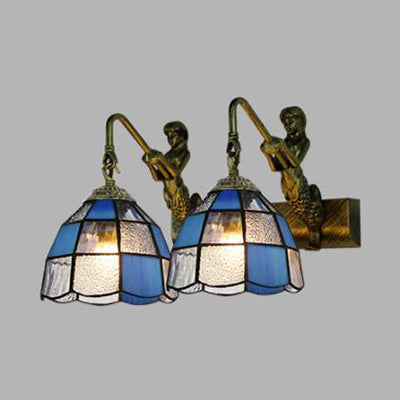 Tiffany Dome Vanity Sconce Light 2 Head White/Blue Glass Wall Mounted Light for Bathroom Clearhalo 'Industrial' 'Middle century wall lights' 'Tiffany wall lights' 'Tiffany' 'Wall Lamps & Sconces' 'Wall Lights' Lighting' 28238
