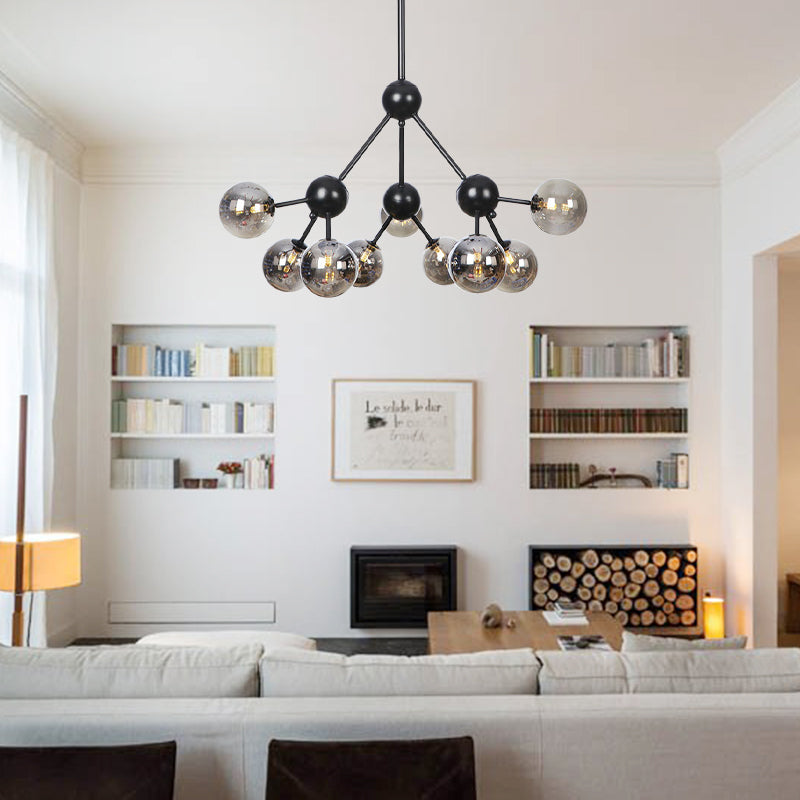 Orb Living Room Chandelier Lamp Amber/Clear/Smoke Gray Glass 3/9/12 Lights Industrial Ceiling Light with Sputnik Design, 13"/27.5"/34" Wide Clearhalo 'Cast Iron' 'Ceiling Lights' 'Chandeliers' 'Clear' 'Industrial Chandeliers' 'Industrial' 'Metal' 'Middle Century Chandeliers' 'Modern' 'Rustic Chandeliers' 'Tiffany' 'Traditional Chandeliers' Lighting' 282381