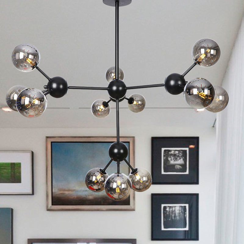 Orb Living Room Chandelier Lamp Amber/Clear/Smoke Gray Glass 3/9/12 Lights Industrial Ceiling Light with Sputnik Design, 13"/27.5"/34" Wide 12 Smoke Gray 34" Clearhalo 'Cast Iron' 'Ceiling Lights' 'Chandeliers' 'Clear' 'Industrial Chandeliers' 'Industrial' 'Metal' 'Middle Century Chandeliers' 'Modern' 'Rustic Chandeliers' 'Tiffany' 'Traditional Chandeliers' Lighting' 282392