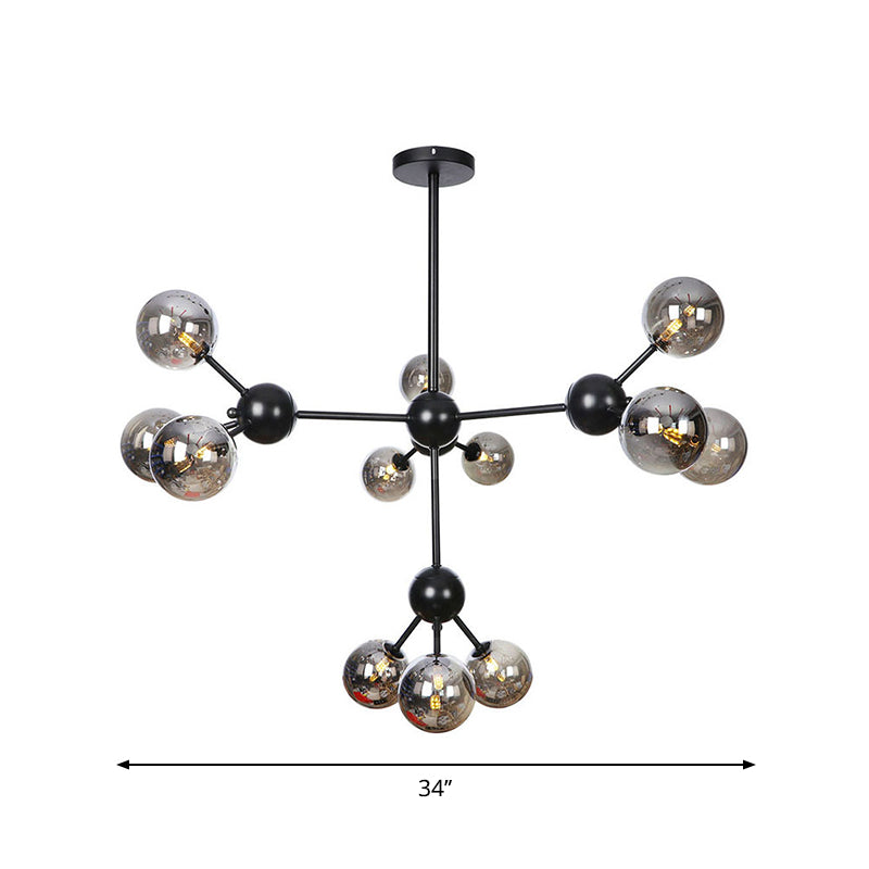 Orb Living Room Chandelier Lamp Amber/Clear/Smoke Gray Glass 3/9/12 Lights Industrial Ceiling Light with Sputnik Design, 13"/27.5"/34" Wide Clearhalo 'Cast Iron' 'Ceiling Lights' 'Chandeliers' 'Clear' 'Industrial Chandeliers' 'Industrial' 'Metal' 'Middle Century Chandeliers' 'Modern' 'Rustic Chandeliers' 'Tiffany' 'Traditional Chandeliers' Lighting' 282395