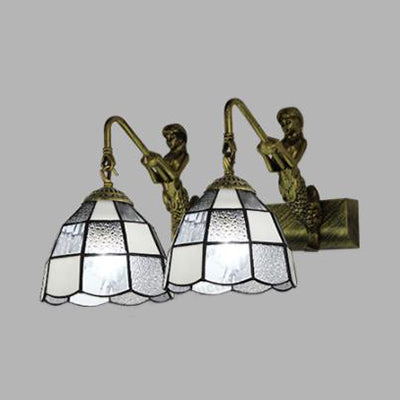Tiffany Dome Vanity Sconce Light 2 Head White/Blue Glass Wall Mounted Light for Bathroom Clearhalo 'Industrial' 'Middle century wall lights' 'Tiffany wall lights' 'Tiffany' 'Wall Lamps & Sconces' 'Wall Lights' Lighting' 28239