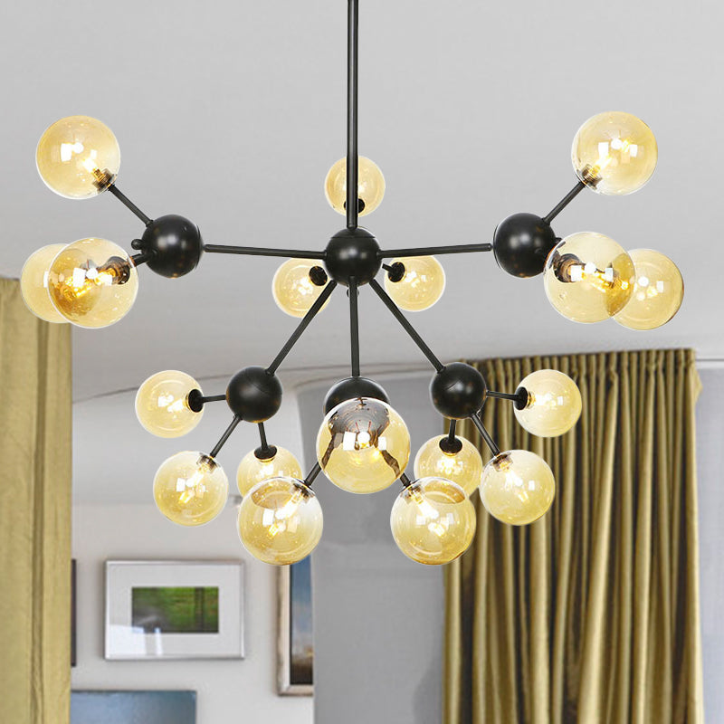 Orb Living Room Chandelier Lamp Amber/Clear/Smoke Gray Glass 3/9/12 Lights Industrial Ceiling Light with Sputnik Design, 13"/27.5"/34" Wide 18 Amber 34" Clearhalo 'Cast Iron' 'Ceiling Lights' 'Chandeliers' 'Clear' 'Industrial Chandeliers' 'Industrial' 'Metal' 'Middle Century Chandeliers' 'Modern' 'Rustic Chandeliers' 'Tiffany' 'Traditional Chandeliers' Lighting' 282400