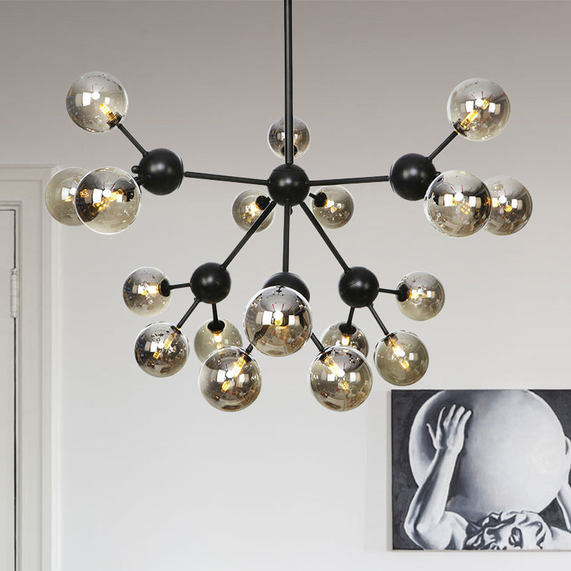 Orb Living Room Chandelier Lamp Amber/Clear/Smoke Gray Glass 3/9/12 Lights Industrial Ceiling Light with Sputnik Design, 13"/27.5"/34" Wide 18 Smoke Gray 34" Clearhalo 'Cast Iron' 'Ceiling Lights' 'Chandeliers' 'Clear' 'Industrial Chandeliers' 'Industrial' 'Metal' 'Middle Century Chandeliers' 'Modern' 'Rustic Chandeliers' 'Tiffany' 'Traditional Chandeliers' Lighting' 282404