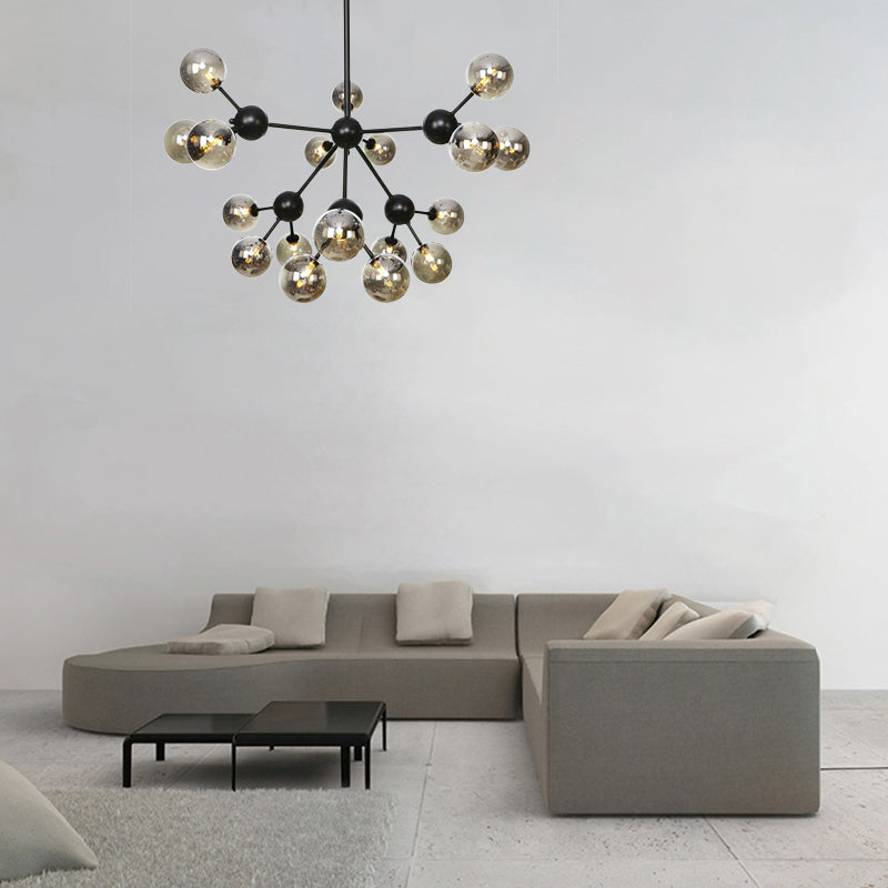 Orb Living Room Chandelier Lamp Amber/Clear/Smoke Gray Glass 3/9/12 Lights Industrial Ceiling Light with Sputnik Design, 13"/27.5"/34" Wide Clearhalo 'Cast Iron' 'Ceiling Lights' 'Chandeliers' 'Clear' 'Industrial Chandeliers' 'Industrial' 'Metal' 'Middle Century Chandeliers' 'Modern' 'Rustic Chandeliers' 'Tiffany' 'Traditional Chandeliers' Lighting' 282405