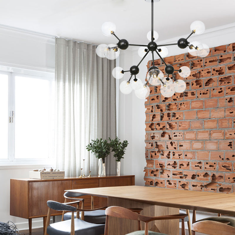 Orb Living Room Chandelier Lamp Amber/Clear/Smoke Gray Glass 3/9/12 Lights Industrial Ceiling Light with Sputnik Design, 13"/27.5"/34" Wide Clearhalo 'Cast Iron' 'Ceiling Lights' 'Chandeliers' 'Clear' 'Industrial Chandeliers' 'Industrial' 'Metal' 'Middle Century Chandeliers' 'Modern' 'Rustic Chandeliers' 'Tiffany' 'Traditional Chandeliers' Lighting' 282409