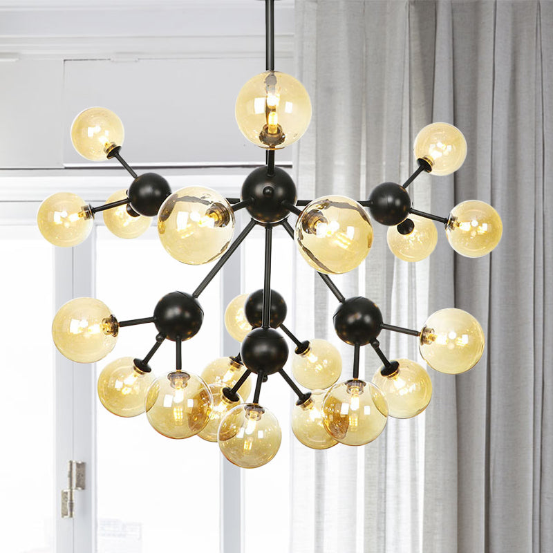 Orb Living Room Chandelier Lamp Amber/Clear/Smoke Gray Glass 3/9/12 Lights Industrial Ceiling Light with Sputnik Design, 13"/27.5"/34" Wide 21 Amber 34" Clearhalo 'Cast Iron' 'Ceiling Lights' 'Chandeliers' 'Clear' 'Industrial Chandeliers' 'Industrial' 'Metal' 'Middle Century Chandeliers' 'Modern' 'Rustic Chandeliers' 'Tiffany' 'Traditional Chandeliers' Lighting' 282412