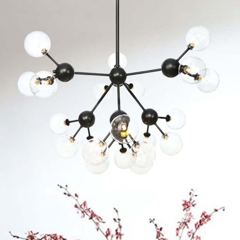 Orb Living Room Chandelier Lamp Amber/Clear/Smoke Gray Glass 3/9/12 Lights Industrial Ceiling Light with Sputnik Design, 13"/27.5"/34" Wide 21 Clear 34" Clearhalo 'Cast Iron' 'Ceiling Lights' 'Chandeliers' 'Clear' 'Industrial Chandeliers' 'Industrial' 'Metal' 'Middle Century Chandeliers' 'Modern' 'Rustic Chandeliers' 'Tiffany' 'Traditional Chandeliers' Lighting' 282420