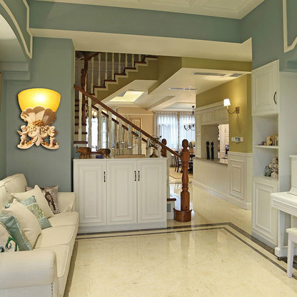 Resin Angel Sconce Light Modern Style 1 Light Indoor Beige/Gold/White Finish Wall Mount Light with Yellow Glass Bowl Shade Beige Clearhalo 'Wall Lamps & Sconces' 'Wall Lights' Lighting' 282440