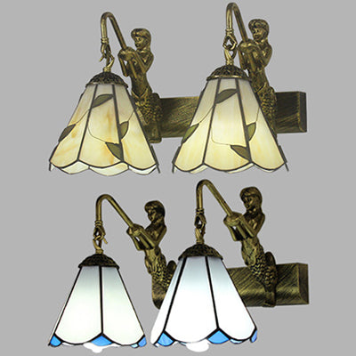 Conical Vanity Sconce Lighting 2 Heads White/Beige Glass Tiffany Wall Mounted Light with Mermaid Decoration Clearhalo 'Industrial' 'Middle century wall lights' 'Tiffany wall lights' 'Tiffany' 'Wall Lamps & Sconces' 'Wall Lights' Lighting' 28247