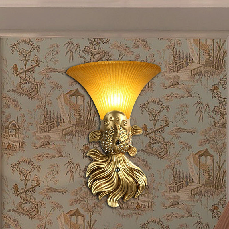 Red/Gold 1 Light Wall Sconce Fixture Lodge Stylish Resin Fish Shape Wall Mount Light with Amber Glass Bell Shade Gold Clearhalo 'Wall Lamps & Sconces' 'Wall Lights' Lighting' 282475