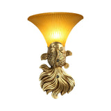Red/Gold 1 Light Wall Sconce Fixture Lodge Stylish Resin Fish Shape Wall Mount Light with Amber Glass Bell Shade Clearhalo 'Wall Lamps & Sconces' 'Wall Lights' Lighting' 282478