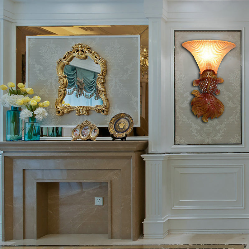 Red/Gold 1 Light Wall Sconce Fixture Lodge Stylish Resin Fish Shape Wall Mount Light with Amber Glass Bell Shade Clearhalo 'Wall Lamps & Sconces' 'Wall Lights' Lighting' 282482