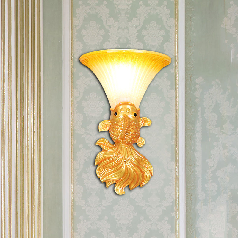 Fish Shape Resin Wall Sconce Country 1 Head Restaurant Red/Gold Finish Wall Mount Lamp with Amber Glass Bell Shade Gold Clearhalo 'Wall Lamps & Sconces' 'Wall Lights' Lighting' 282485