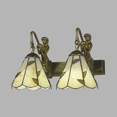 Conical Vanity Sconce Lighting 2 Heads White/Beige Glass Tiffany Wall Mounted Light with Mermaid Decoration Beige Clearhalo 'Industrial' 'Middle century wall lights' 'Tiffany wall lights' 'Tiffany' 'Wall Lamps & Sconces' 'Wall Lights' Lighting' 28248