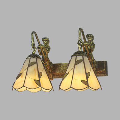 Conical Vanity Sconce Lighting 2 Heads White/Beige Glass Tiffany Wall Mounted Light with Mermaid Decoration Clearhalo 'Industrial' 'Middle century wall lights' 'Tiffany wall lights' 'Tiffany' 'Wall Lamps & Sconces' 'Wall Lights' Lighting' 28249