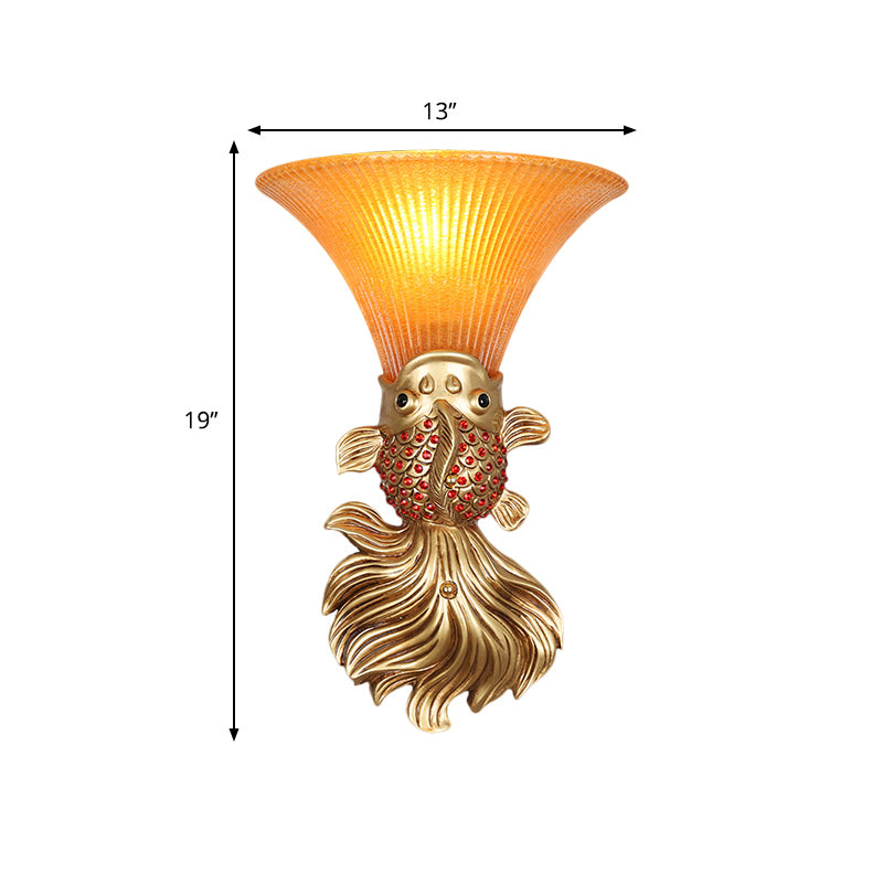 Fish Shape Resin Wall Sconce Country 1 Head Restaurant Red/Gold Finish Wall Mount Lamp with Amber Glass Bell Shade Clearhalo 'Wall Lamps & Sconces' 'Wall Lights' Lighting' 282494