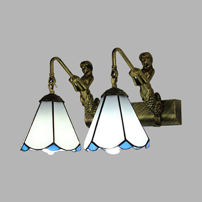 Conical Vanity Sconce Lighting 2 Heads White/Beige Glass Tiffany Wall Mounted Light with Mermaid Decoration Clearhalo 'Industrial' 'Middle century wall lights' 'Tiffany wall lights' 'Tiffany' 'Wall Lamps & Sconces' 'Wall Lights' Lighting' 28250